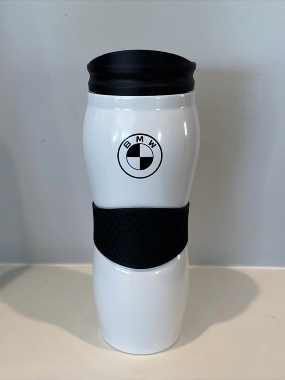 BMW White and Black Insulated Travel Mug with Logo. New in box. 8” tall